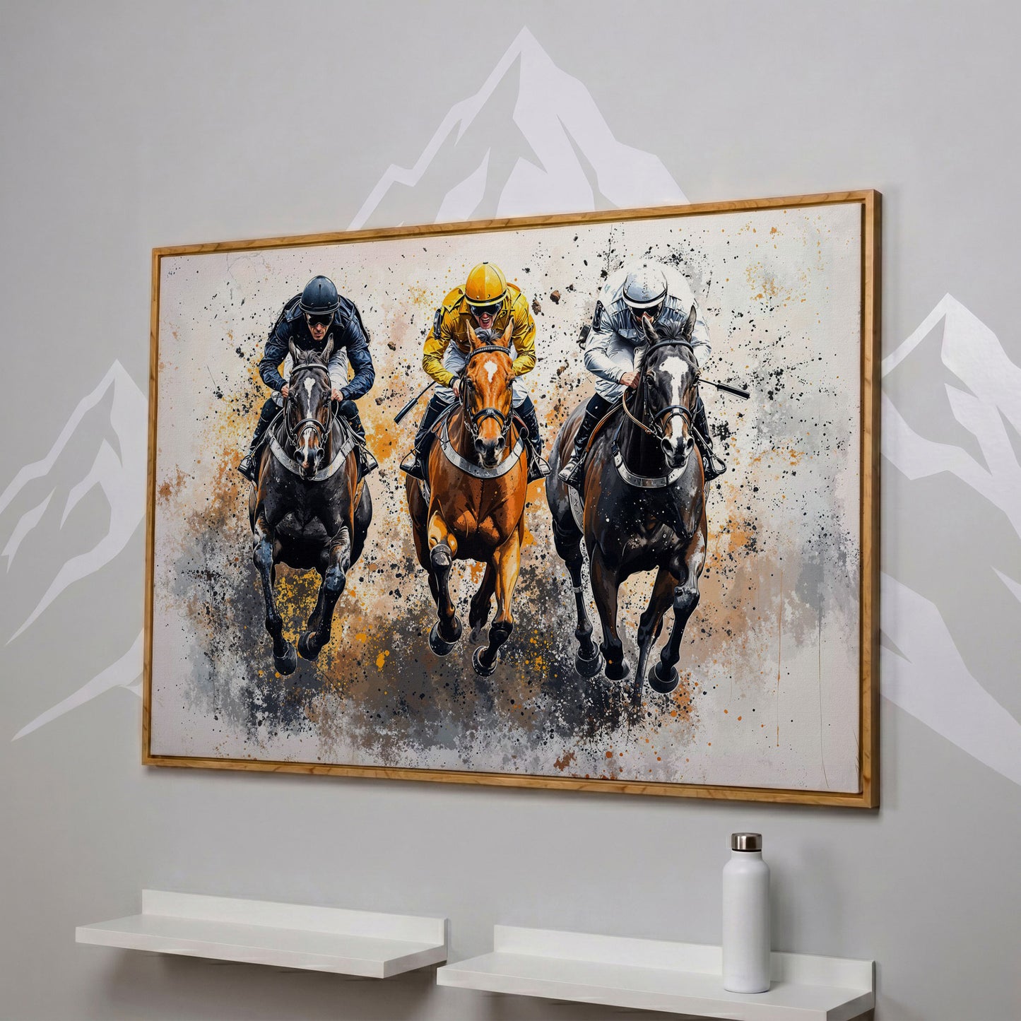 Horse Racing Canvas. Modern Equestrian Wall Art in white oak floating frame