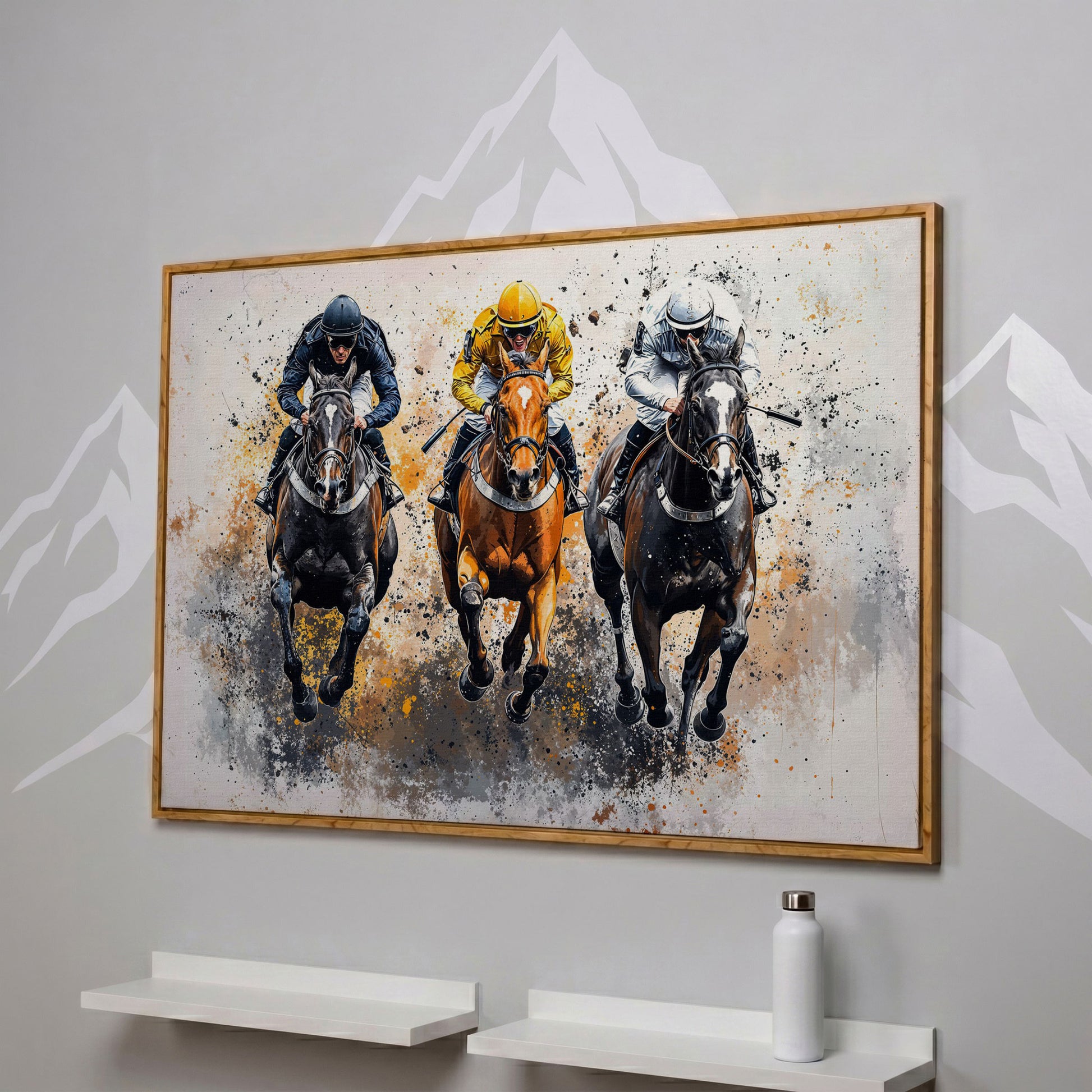 Horse Racing Canvas. Modern Equestrian Wall Art in white oak floating frame