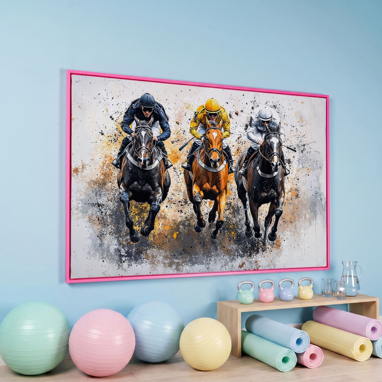Horse Racing Canvas. Modern Equestrian Wall Art in pink floating frame