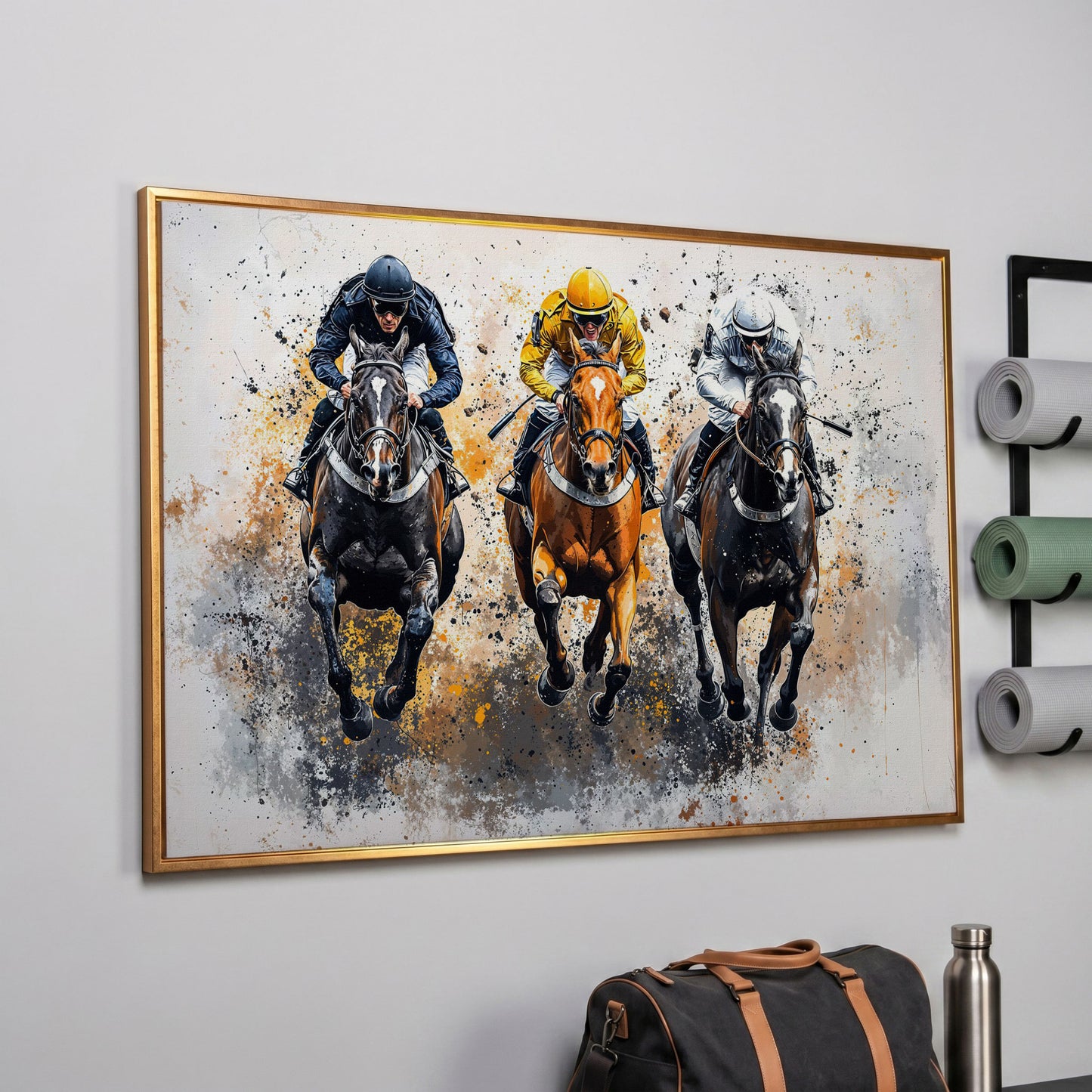 Horse Racing Canvas. Modern Equestrian Wall Art in rose gold floating frame