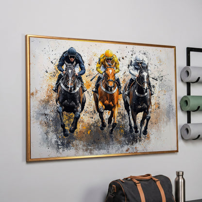 Horse Racing Canvas. Modern Equestrian Wall Art in rose gold floating frame
