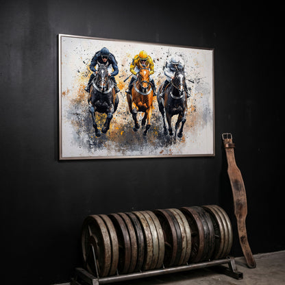 Horse Racing Canvas. Modern Equestrian Wall Art in silver floating frame