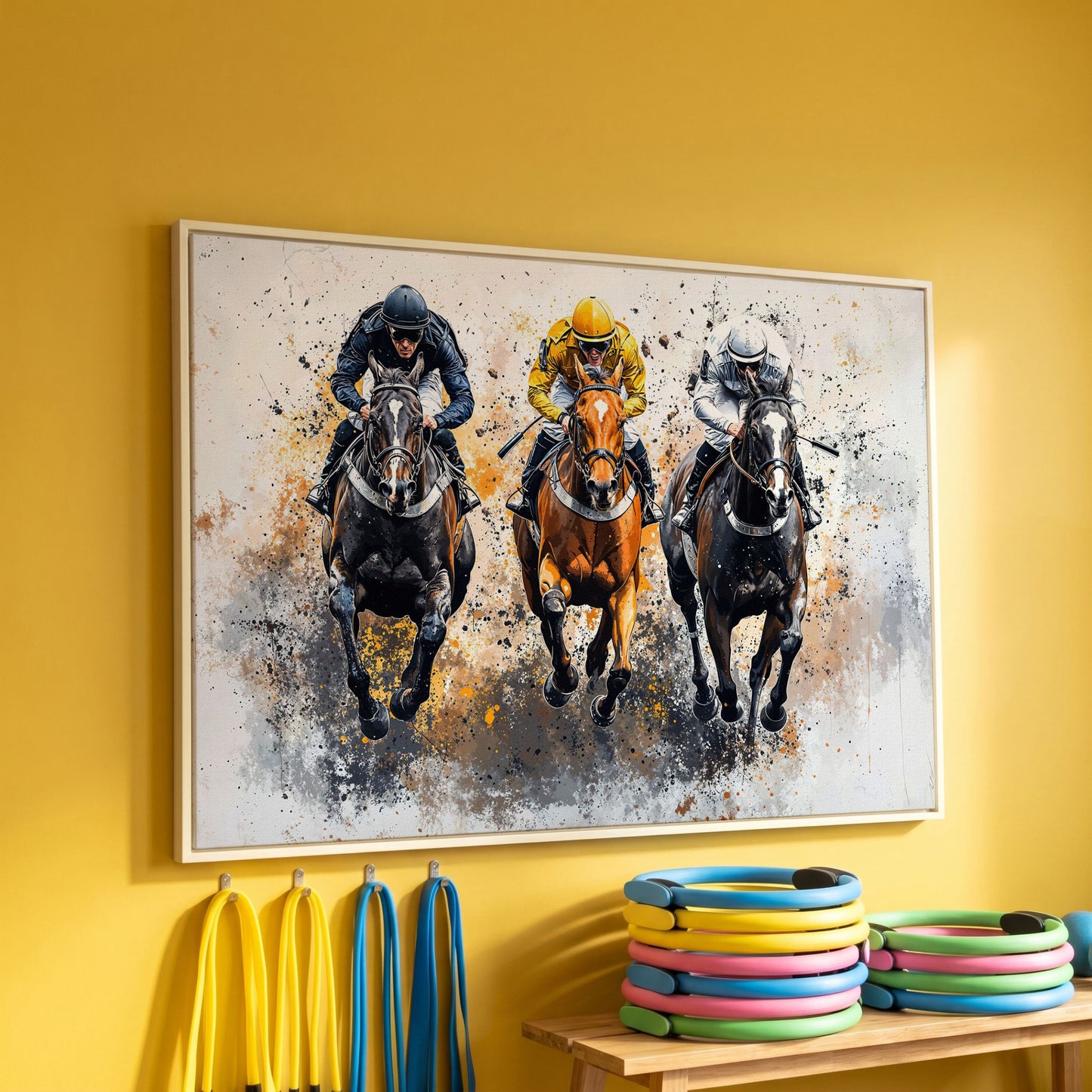 Horse Racing Canvas. Modern Equestrian Wall Art in white floating frame