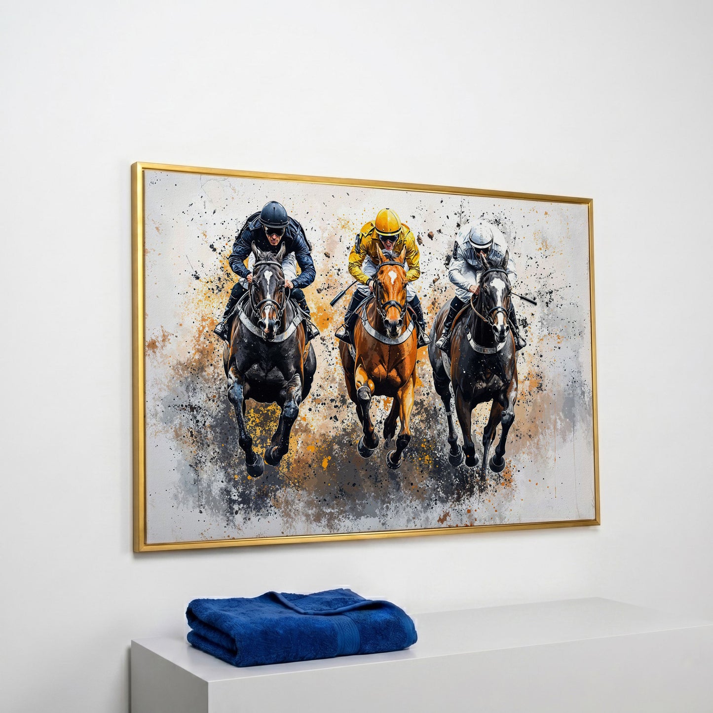 Horse Racing Canvas. Modern Equestrian Wall Art in yellow gold floating frame