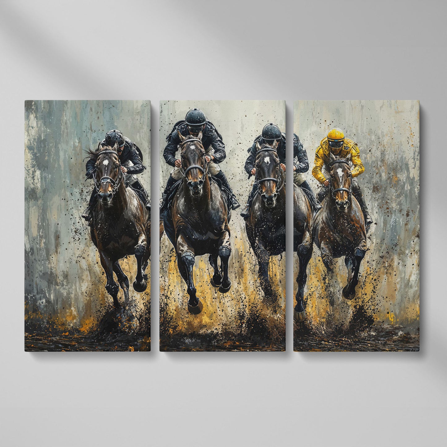 Horse Racing Jockeys Canvas - Dynamic Track Action as 3-panel split version