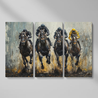 Horse Racing Jockeys Canvas - Dynamic Track Action as 3-panel split version