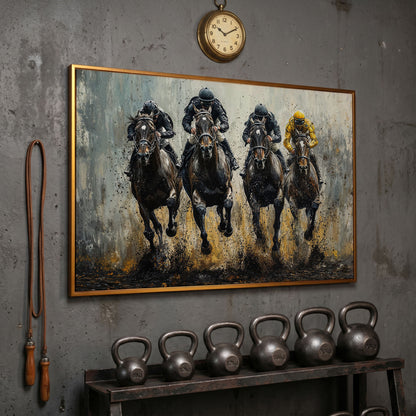 Horse Racing Jockeys Canvas - Dynamic Track Action in antique gold floating frame