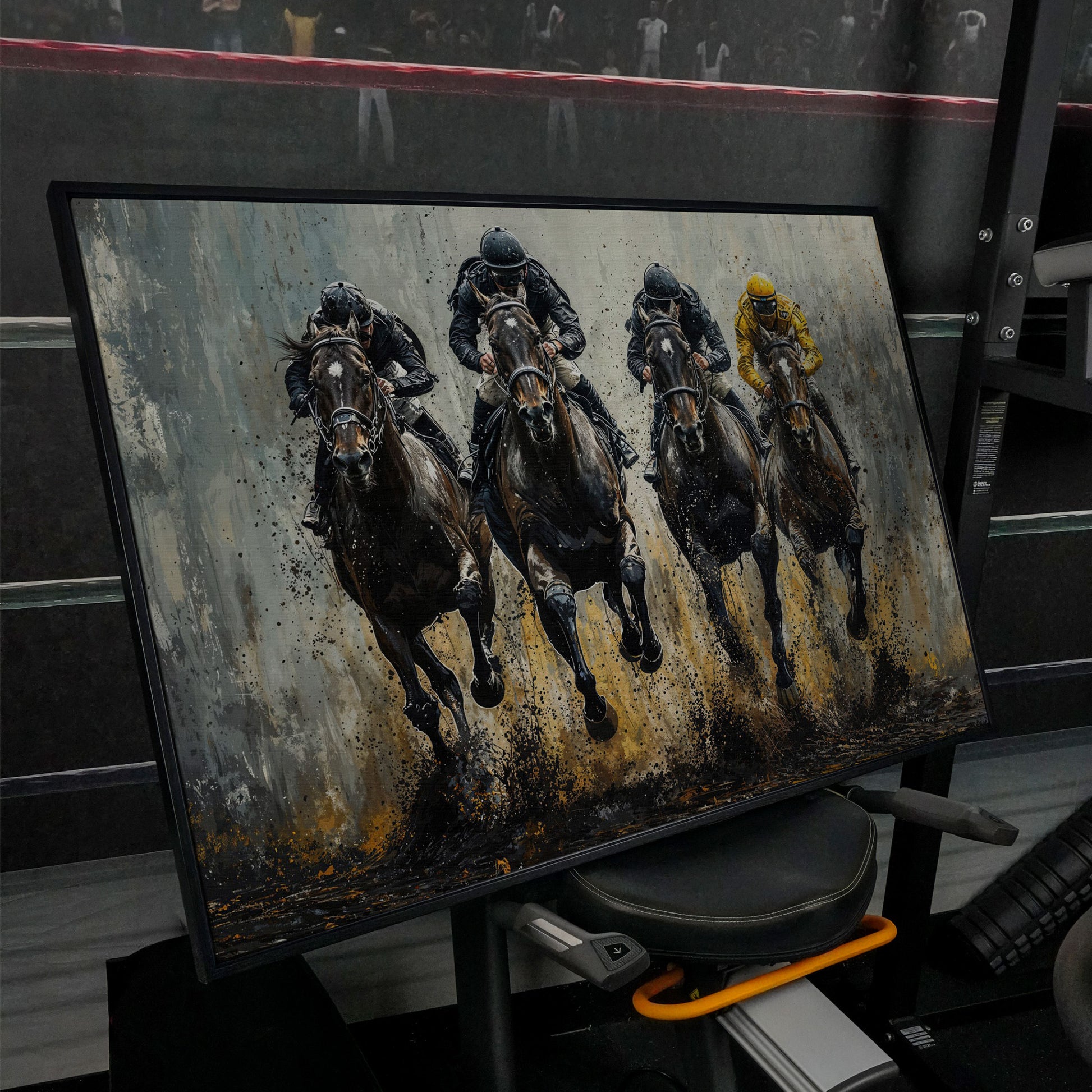 Horse Racing Jockeys Canvas - Dynamic Track Action in black floating frame