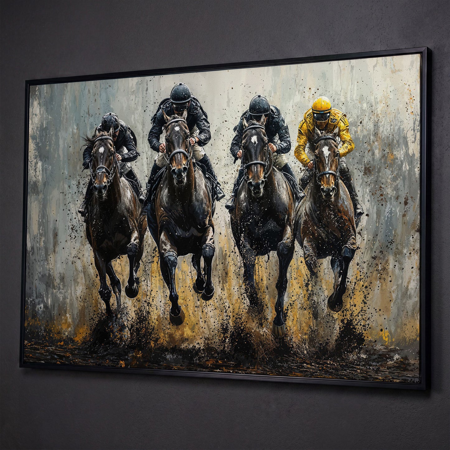 Horse Racing Jockeys Canvas - Dynamic Track Action shown in black floating frame