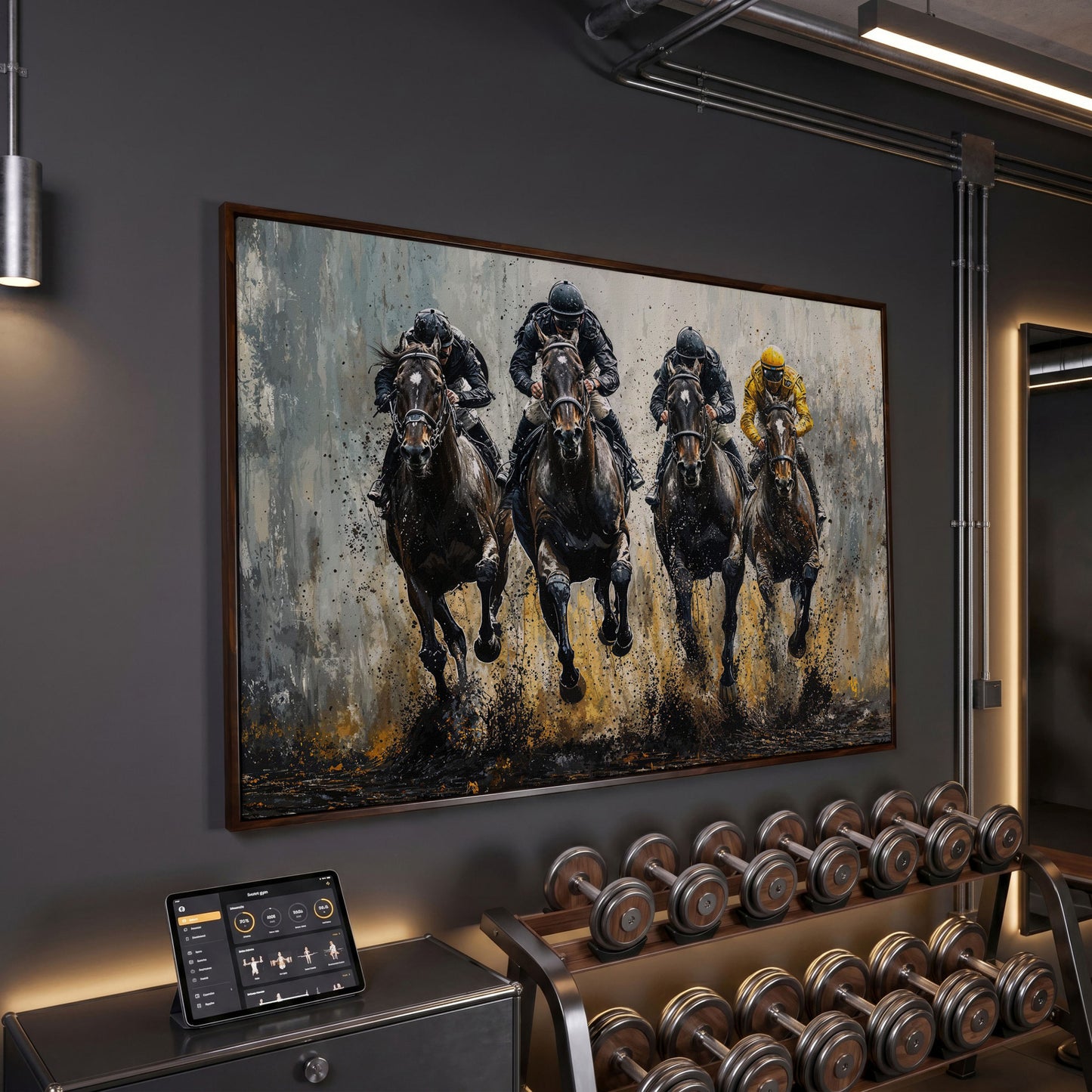 Horse Racing Jockeys Canvas - Dynamic Track Action in dark walnut floating frame