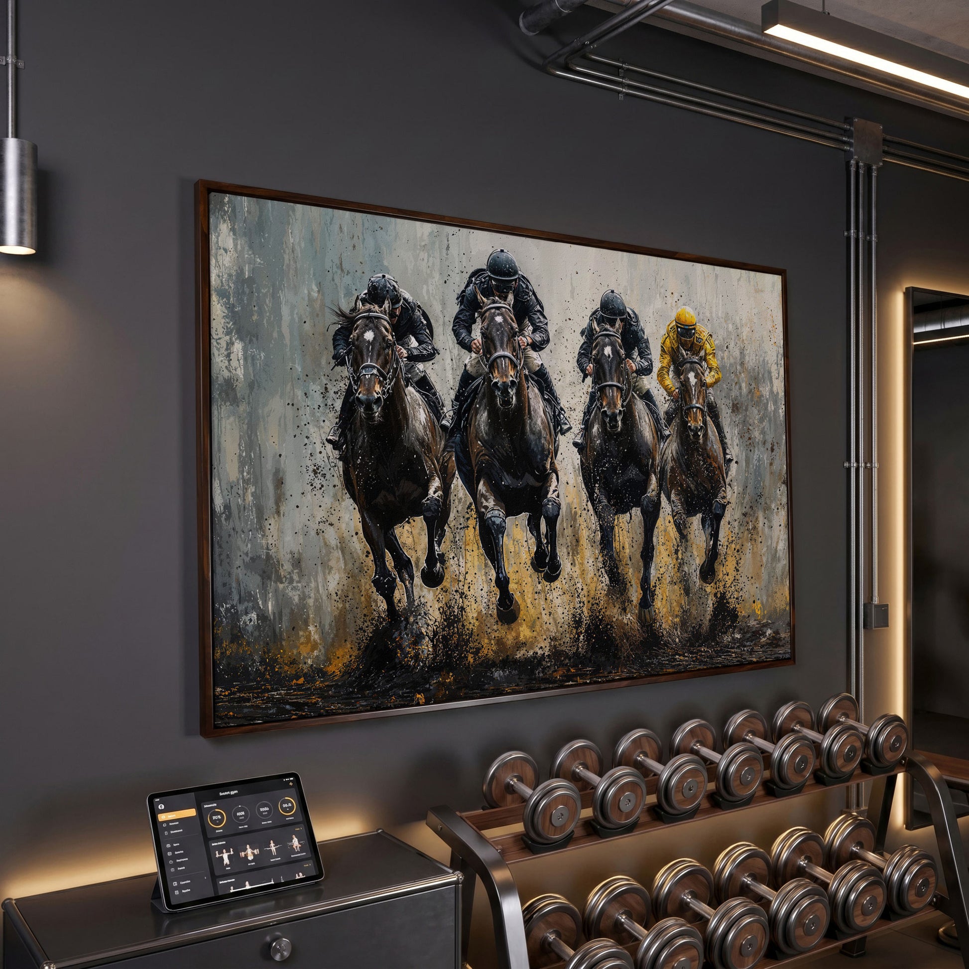 Horse Racing Jockeys Canvas - Dynamic Track Action in dark walnut floating frame