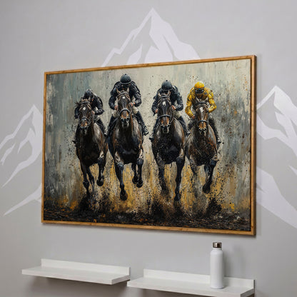 Horse Racing Jockeys Canvas - Dynamic Track Action in white oak floating frame