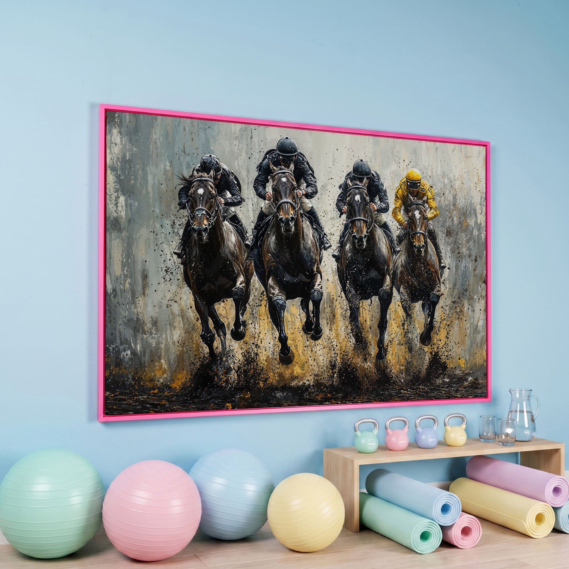 Horse Racing Jockeys Canvas - Dynamic Track Action in pink floating frame