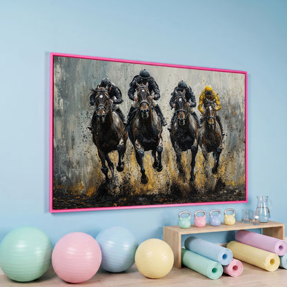 Horse Racing Jockeys Canvas - Dynamic Track Action in pink floating frame