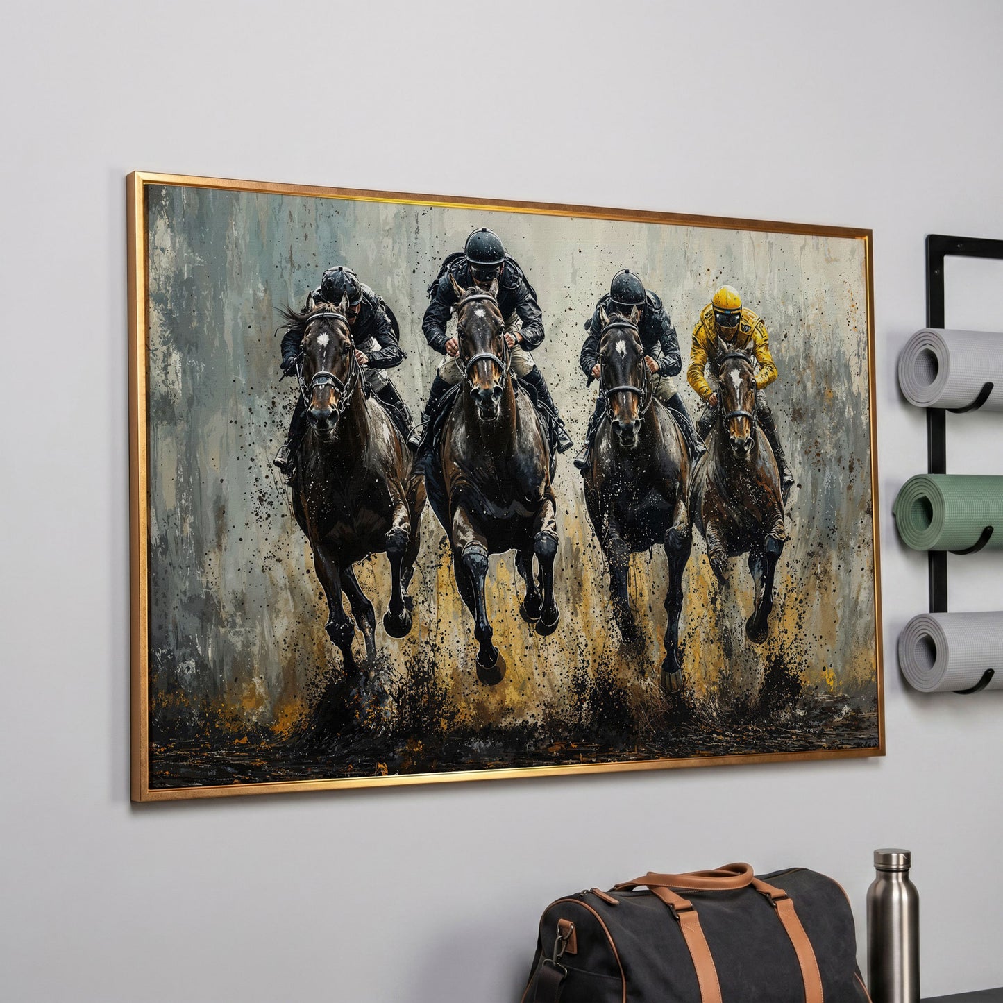 Horse Racing Jockeys Canvas - Dynamic Track Action in rose gold floating frame