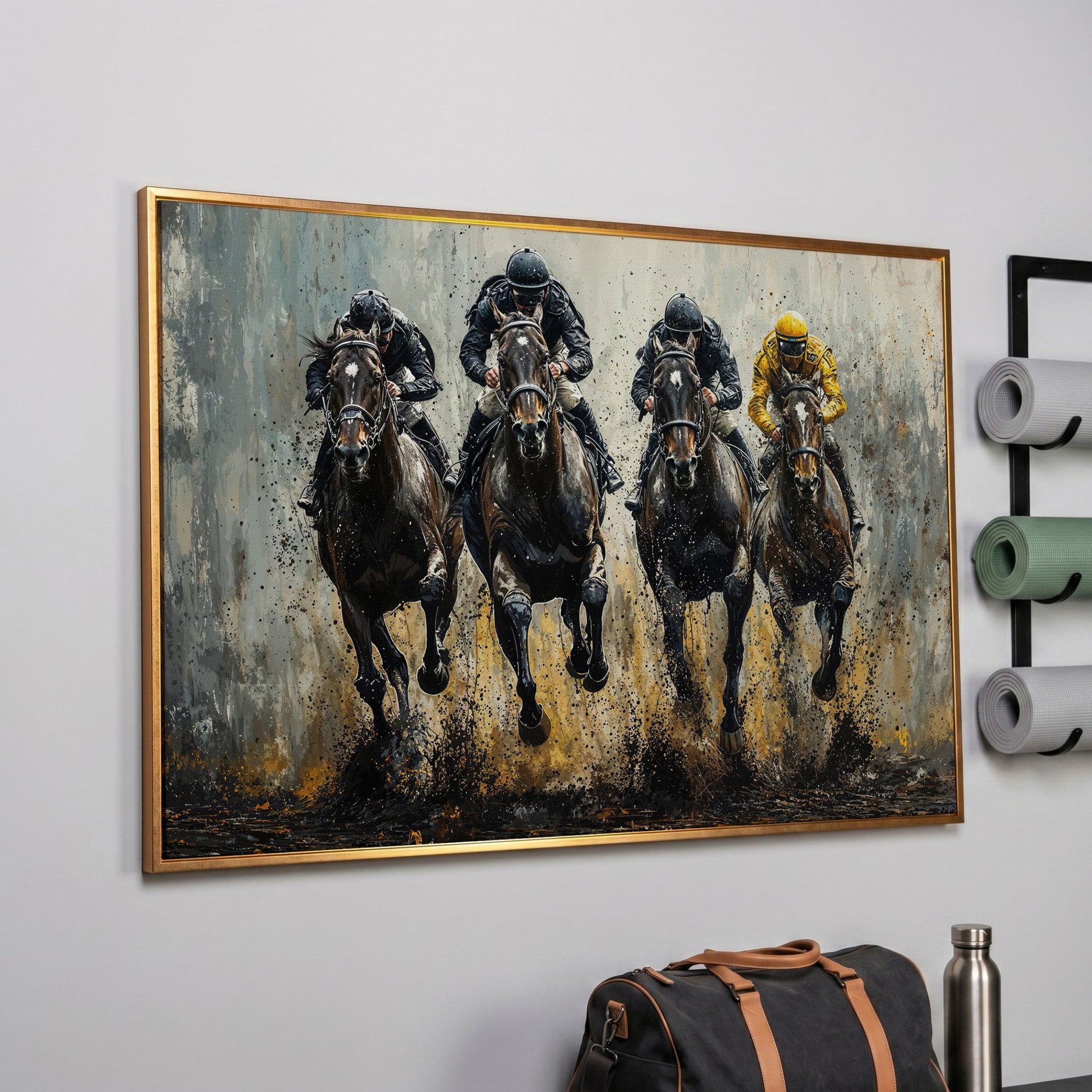 Horse Racing Jockeys Canvas - Dynamic Track Action in rose gold floating frame