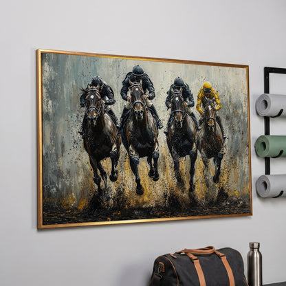 Horse Racing Jockeys Canvas - Dynamic Track Action in rose gold floating frame
