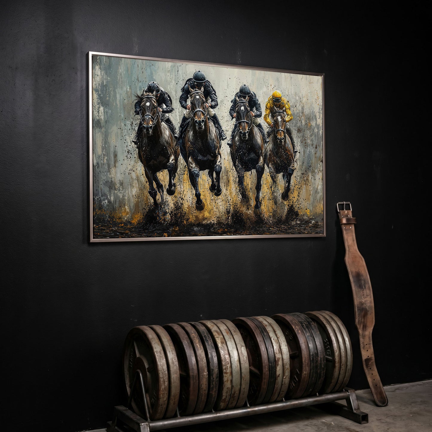 Horse Racing Jockeys Canvas - Dynamic Track Action in silver floating frame