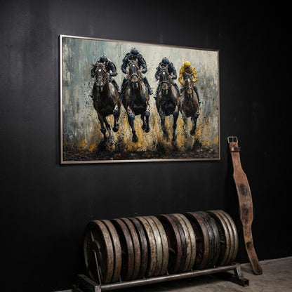 Horse Racing Jockeys Canvas - Dynamic Track Action in silver floating frame
