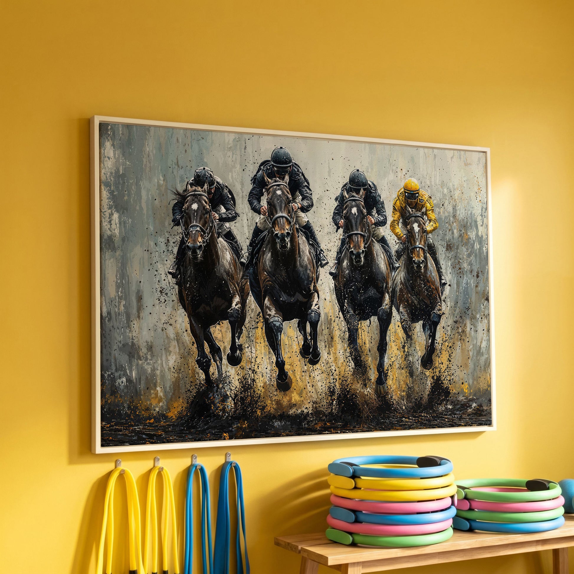 Horse Racing Jockeys Canvas - Dynamic Track Action in white floating frame
