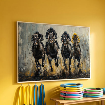 Horse Racing Jockeys Canvas - Dynamic Track Action in white floating frame