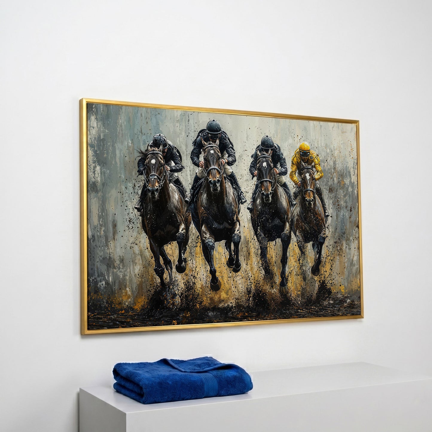 Horse Racing Jockeys Canvas - Dynamic Track Action in yellow gold floating frame