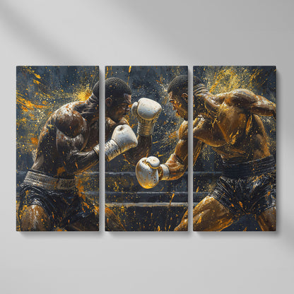 Boxing Match Canvas Print, Black & Gold as 3-panel split version
