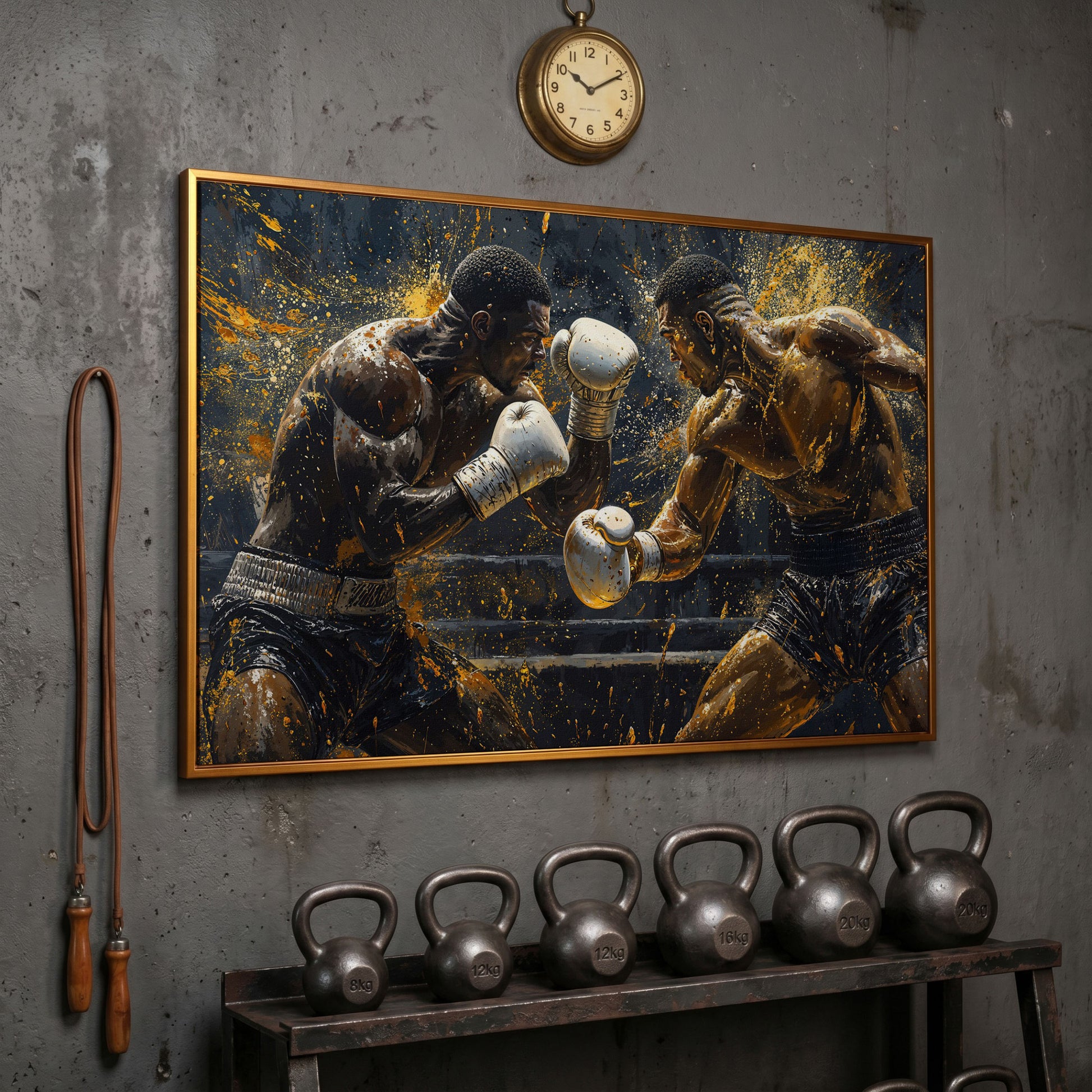 Boxing Match Canvas Print, Black & Gold in antique gold floating frame