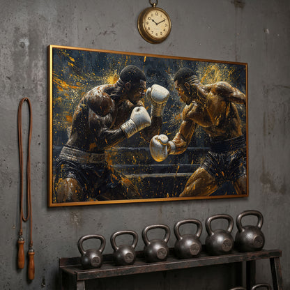Boxing Match Canvas Print, Black & Gold in antique gold floating frame