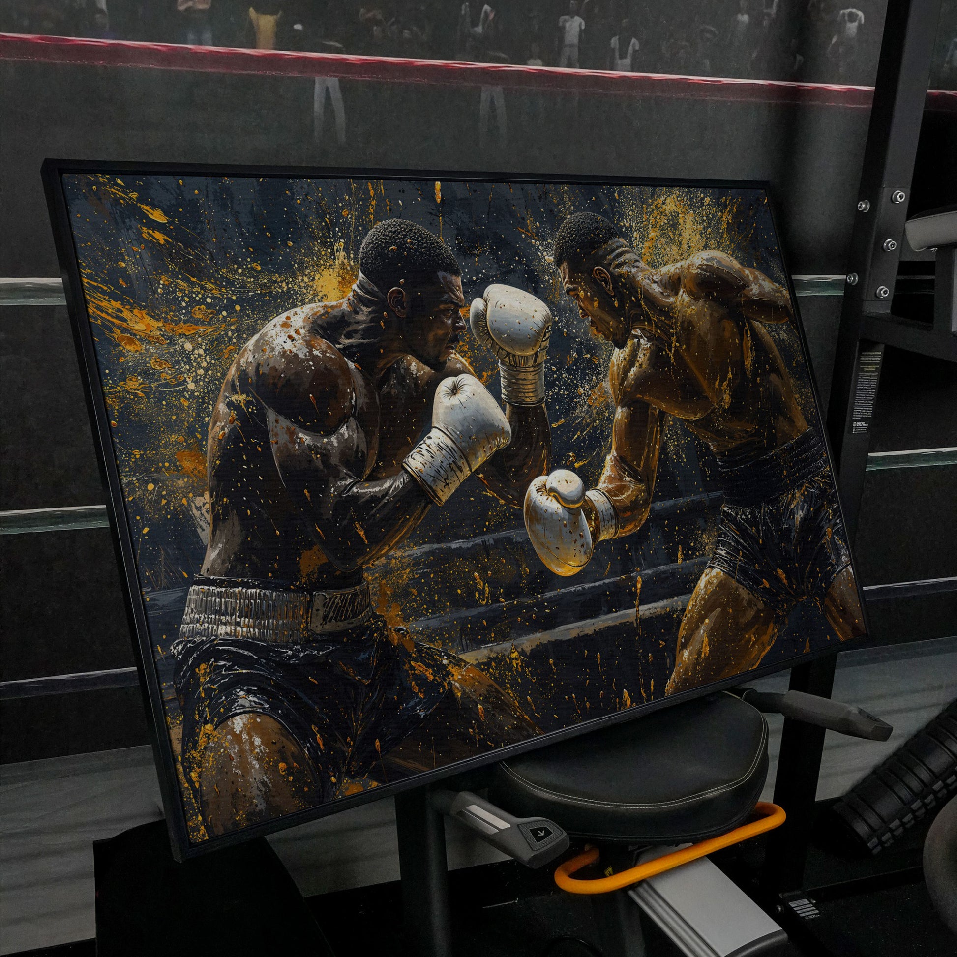 Boxing Match Canvas Print, Black & Gold in black floating frame