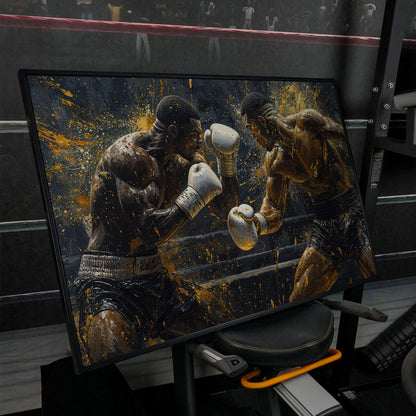 Boxing Match Canvas Print, Black & Gold in black floating frame