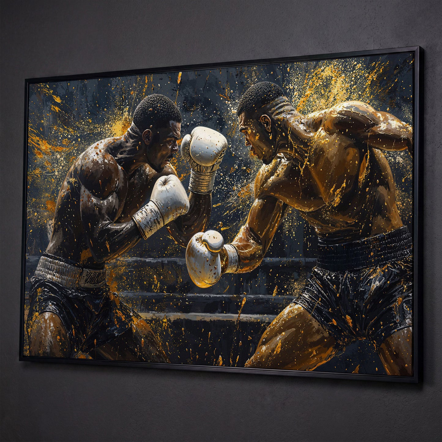 Boxing Match Canvas Print, Black & Gold shown in black floating frame