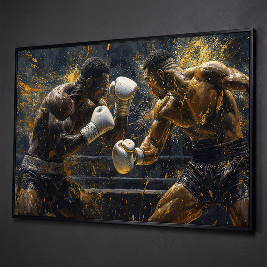 Boxing Match Canvas Print, Black & Gold shown in black floating frame