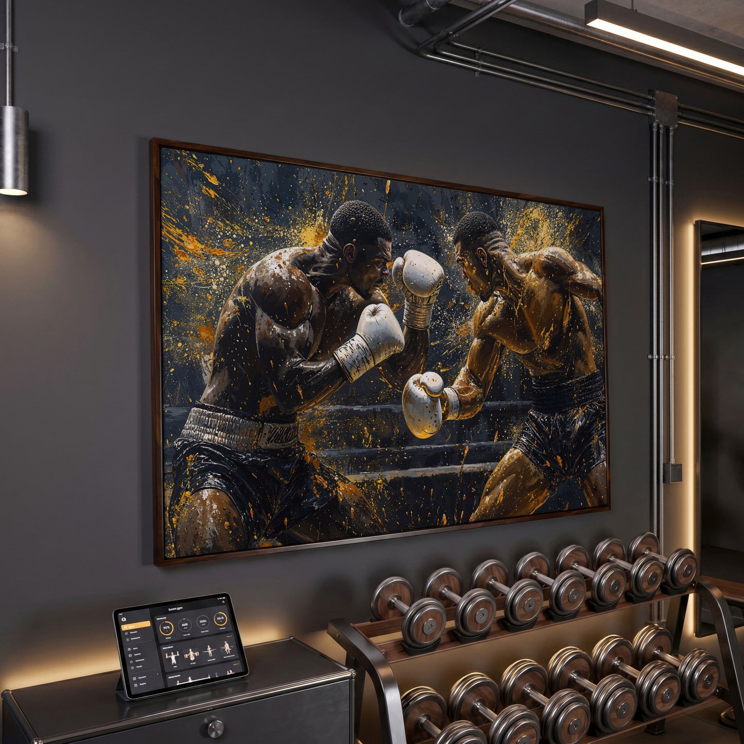 Boxing Match Canvas Print, Black & Gold in dark walnut floating frame