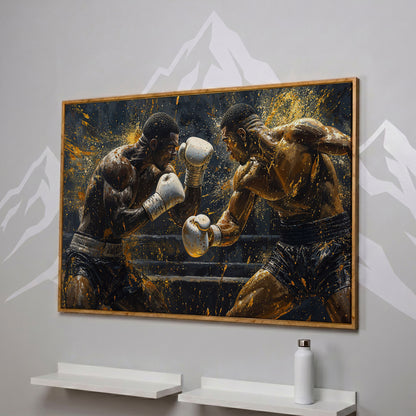 Boxing Match Canvas Print, Black & Gold in white oak floating frame