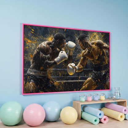 Boxing Match Canvas Print, Black & Gold in pink floating frame