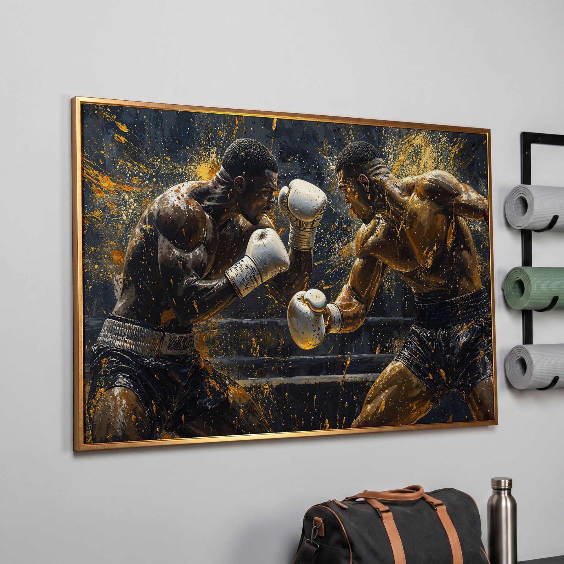 Boxing Match Canvas Print, Black & Gold in rose gold floating frame