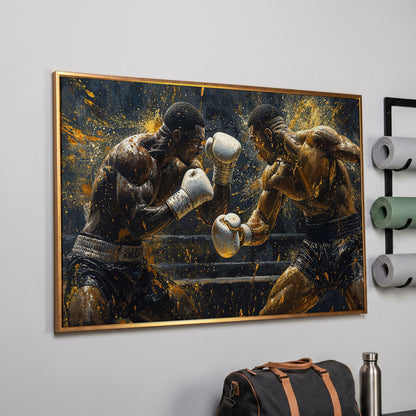 Boxing Match Canvas Print, Black & Gold in rose gold floating frame