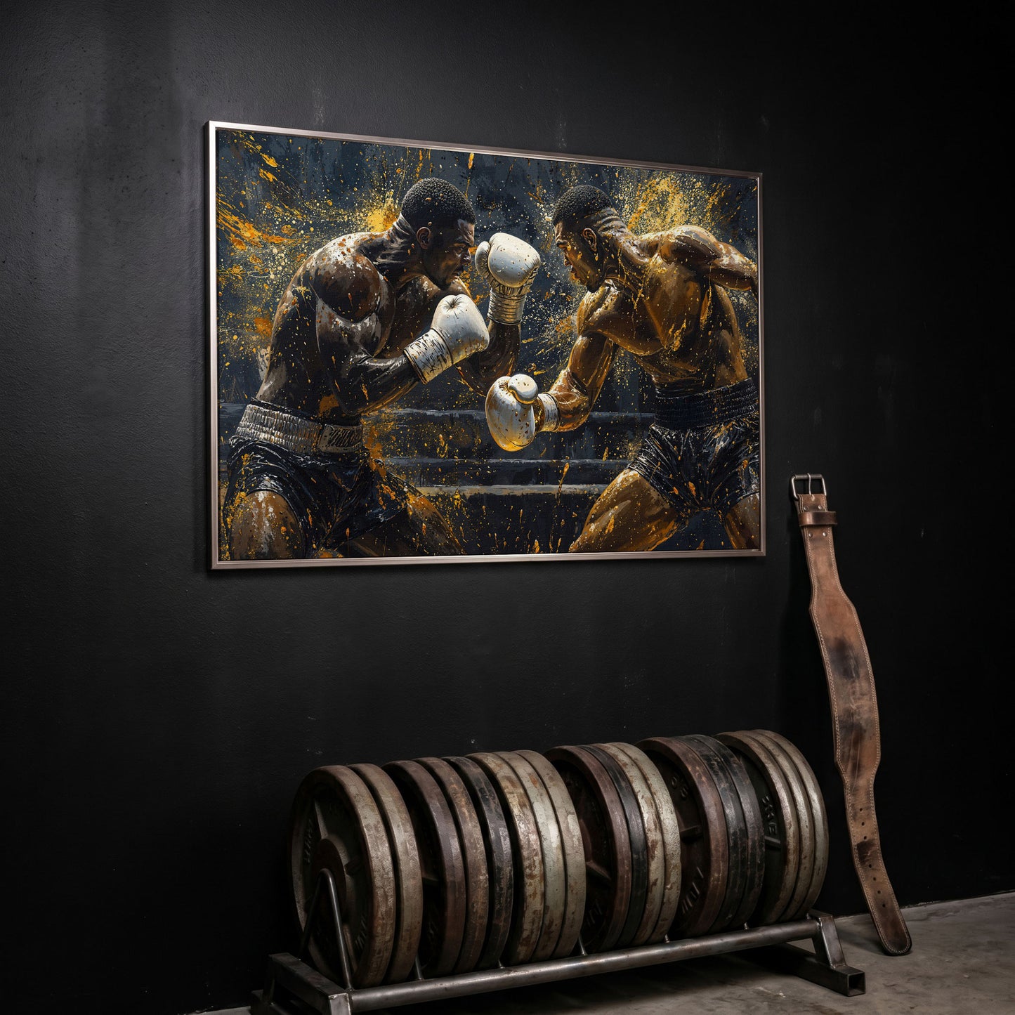 Boxing Match Canvas Print, Black & Gold in silver floating frame