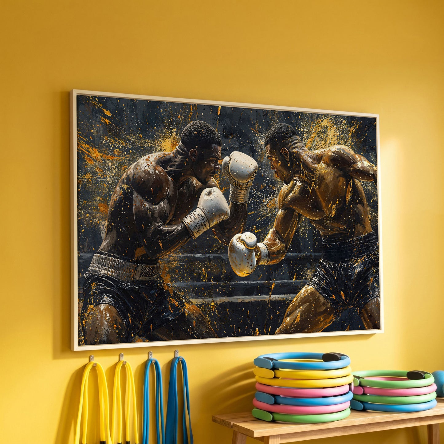 Boxing Match Canvas Print, Black & Gold in white floating frame