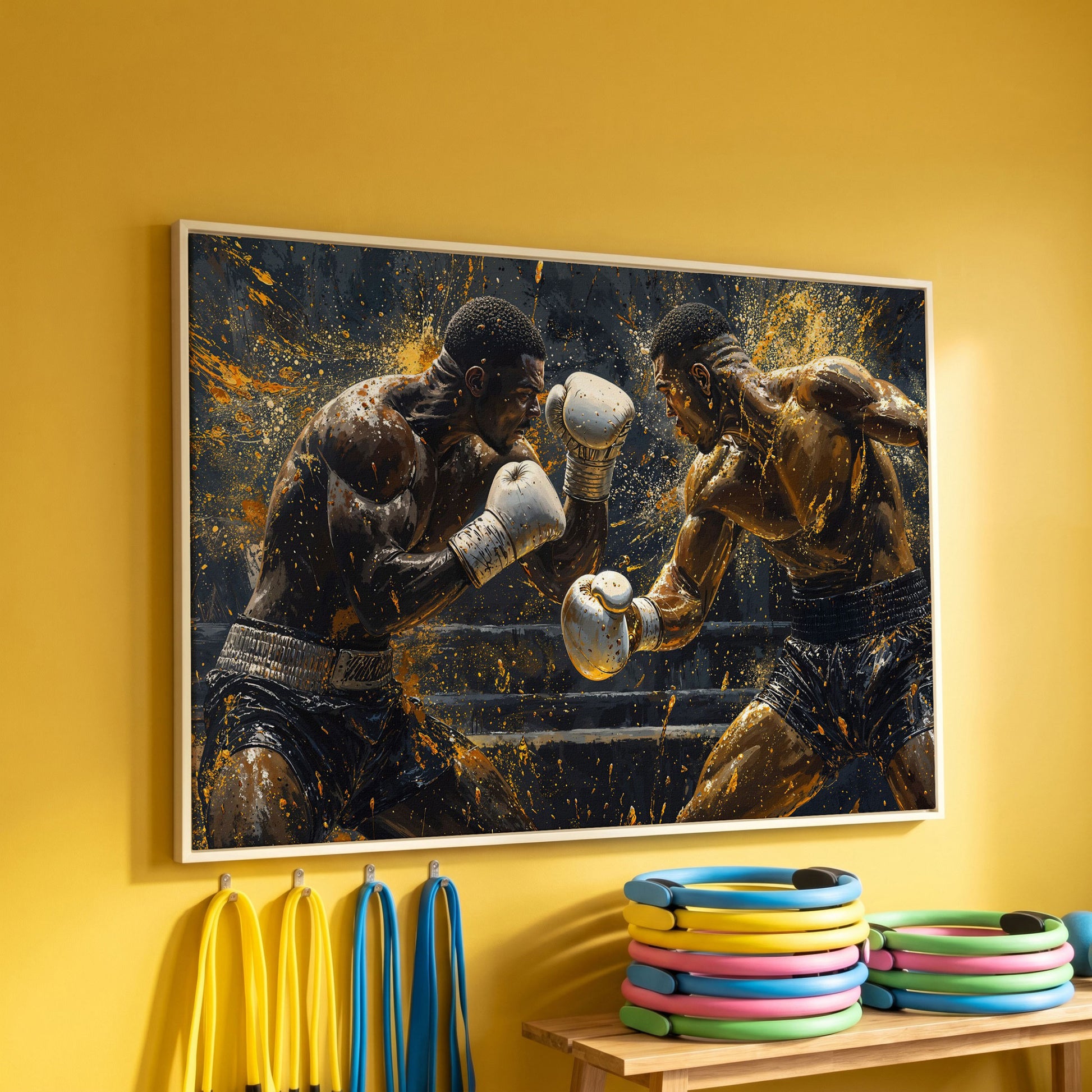 Boxing Match Canvas Print, Black & Gold in white floating frame