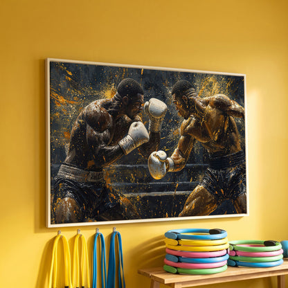 Boxing Match Canvas Print, Black & Gold in white floating frame