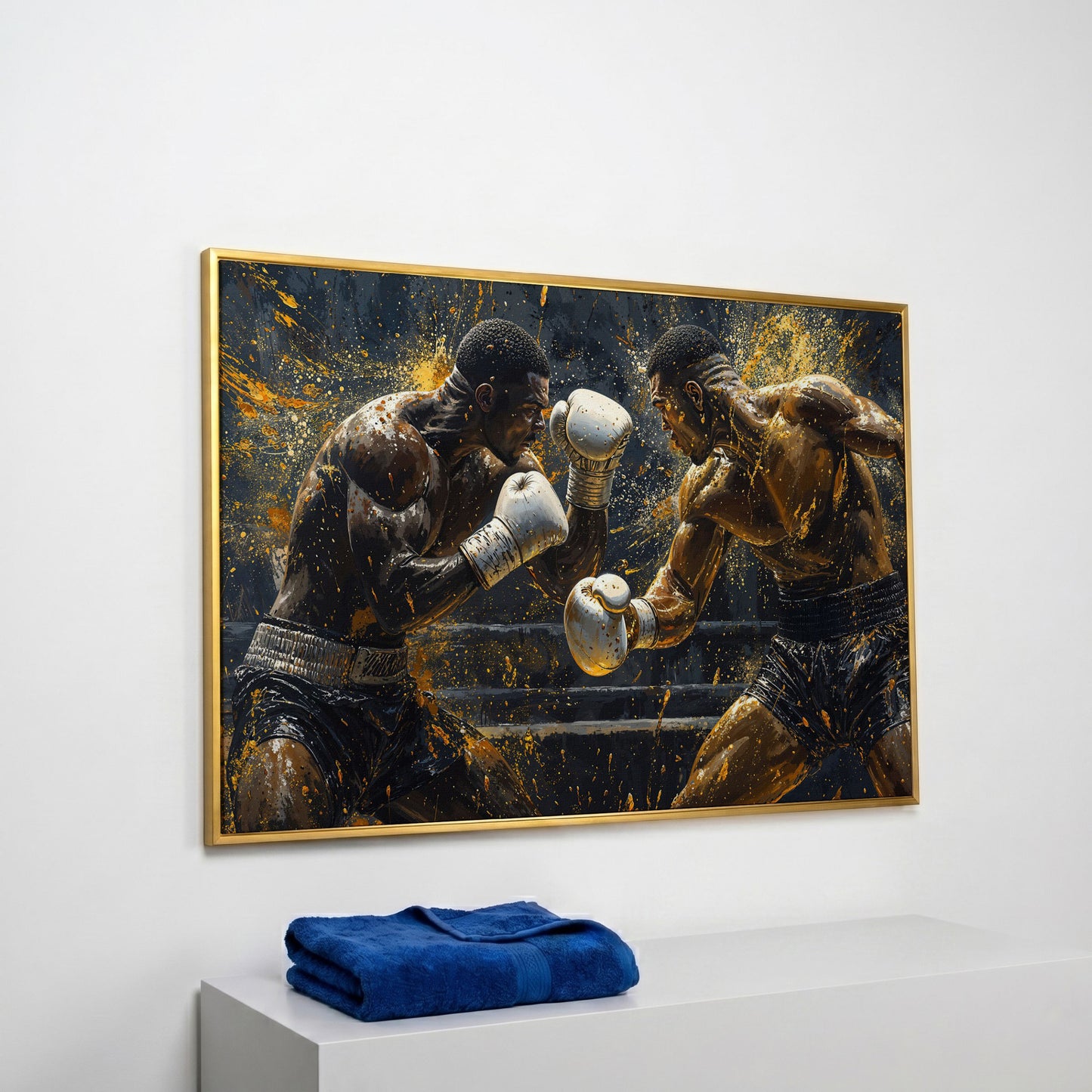 Boxing Match Canvas Print, Black & Gold in yellow gold floating frame