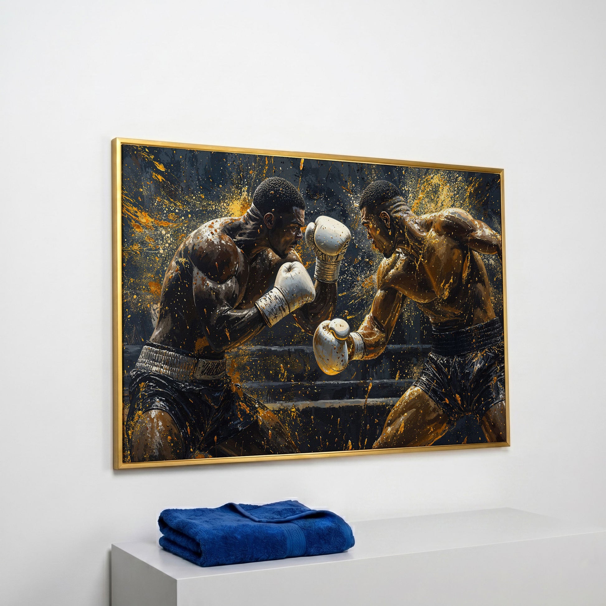 Boxing Match Canvas Print, Black & Gold in yellow gold floating frame