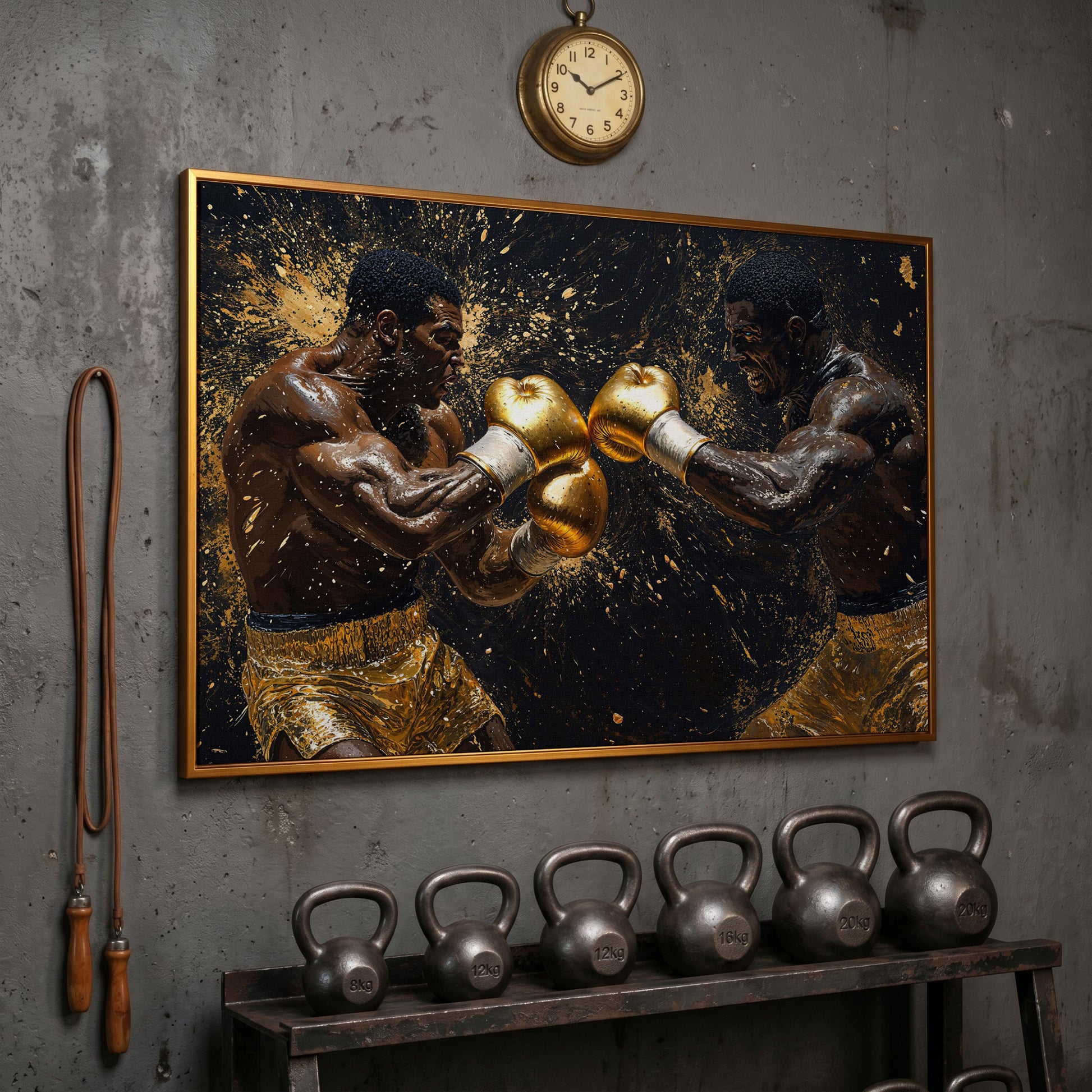 Boxing Legends Gold and Black Canvas Art in antique gold floating frame