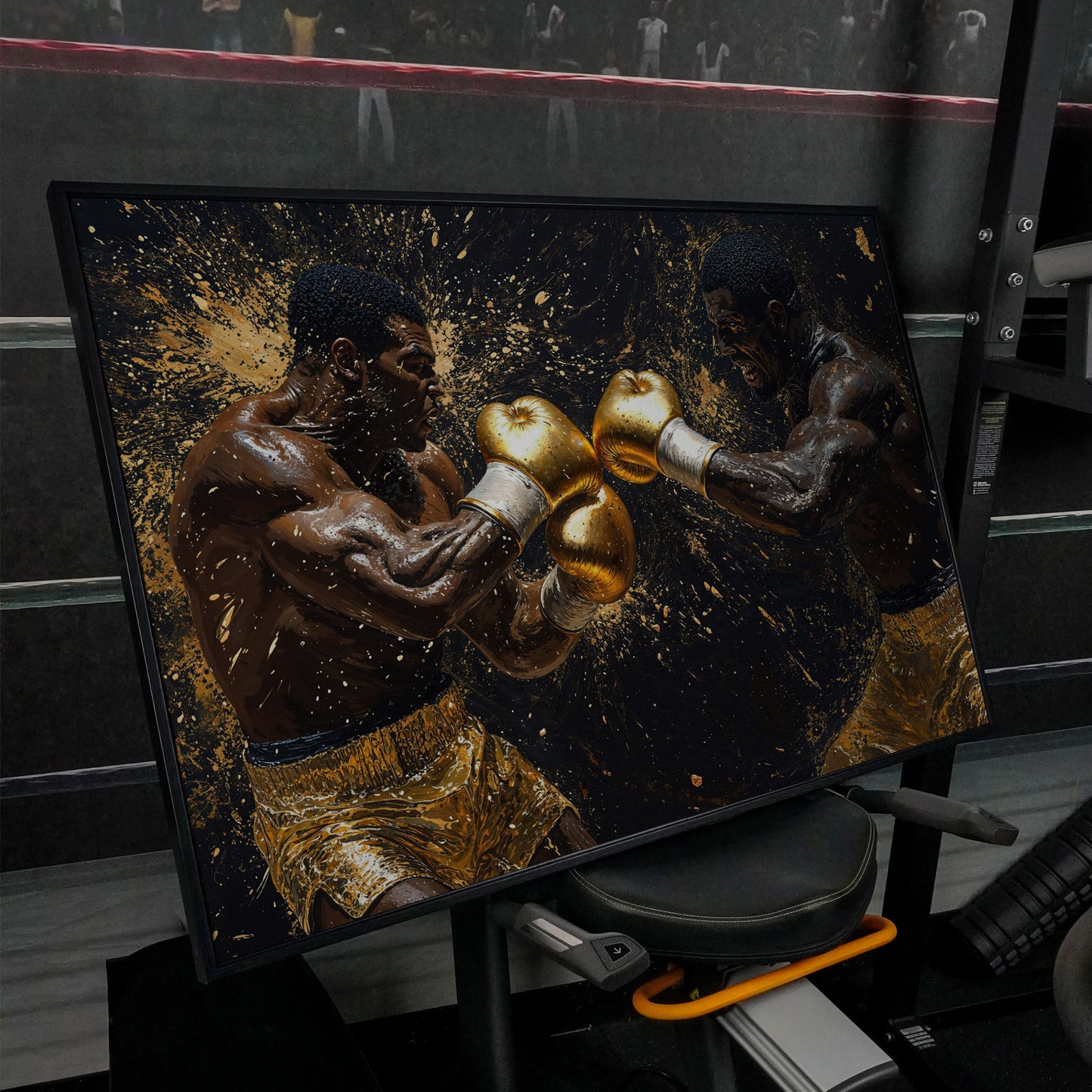 Boxing Legends Gold and Black Canvas Art in black floating frame