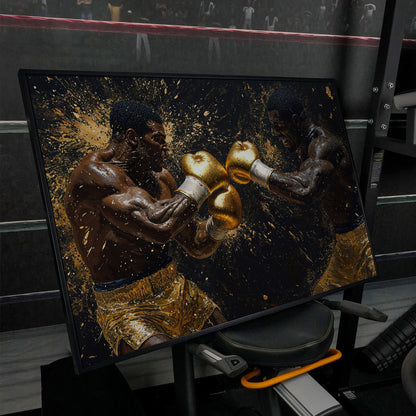 Boxing Legends Gold and Black Canvas Art in black floating frame