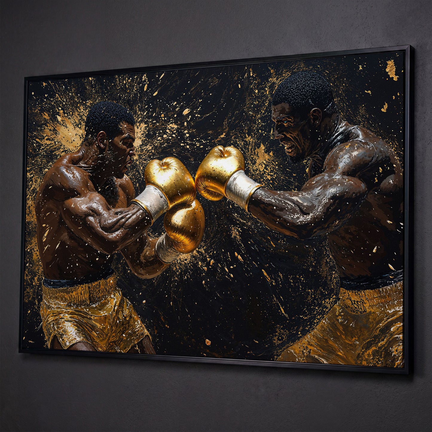 Boxing Legends Gold and Black Canvas Art shown in black floating frame