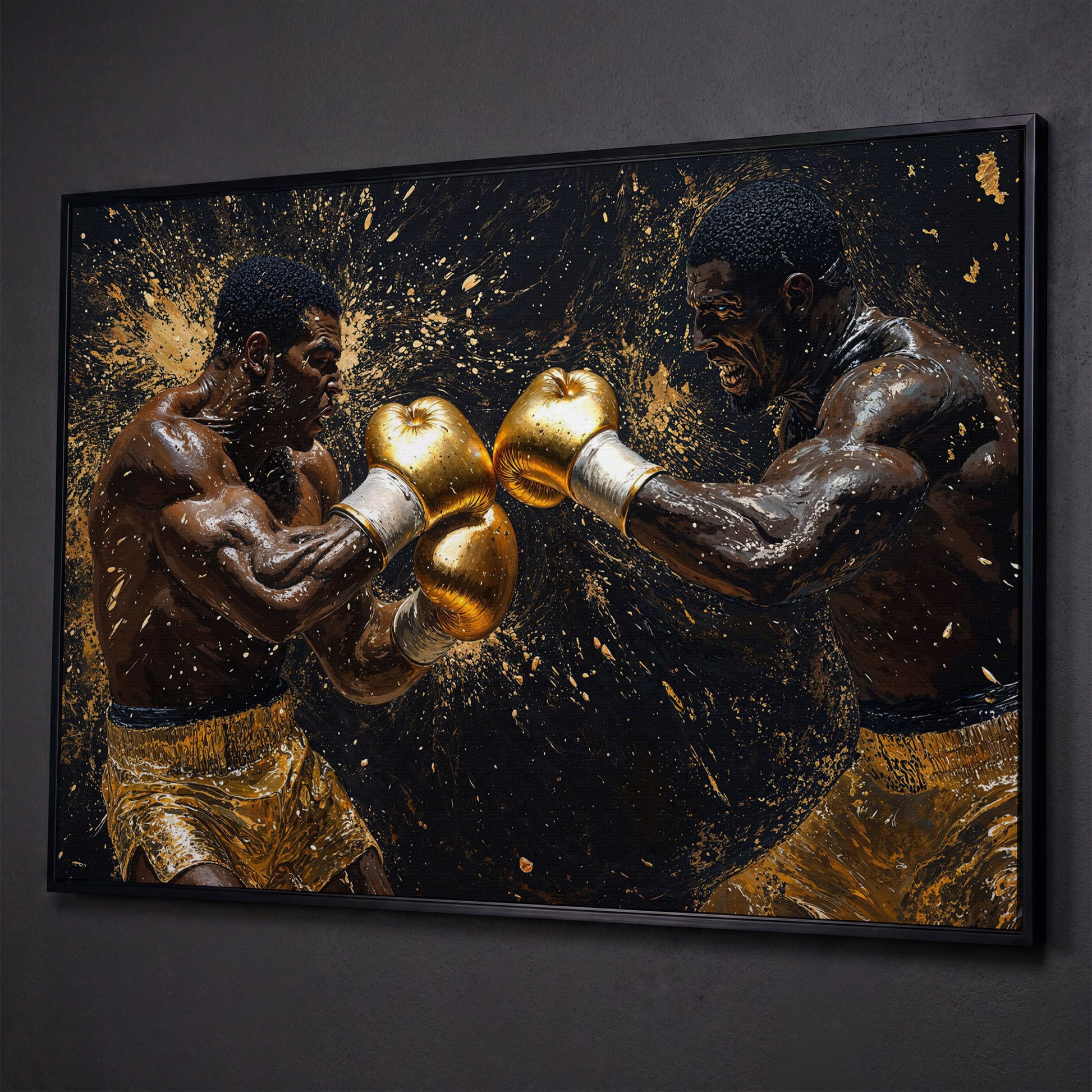 Boxing Legends Gold and Black Canvas Art shown in black floating frame