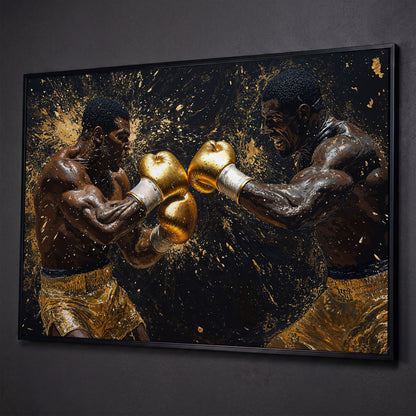 Boxing Legends Gold and Black Canvas Art shown in black floating frame